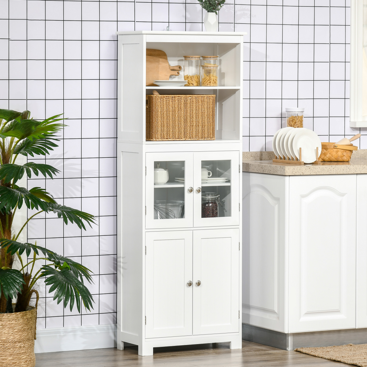 HOMCOM Kitchen Cupboard Storage Cabinet with Glass Doors & Adjustable Shelves – Pantry & Display Unit, White