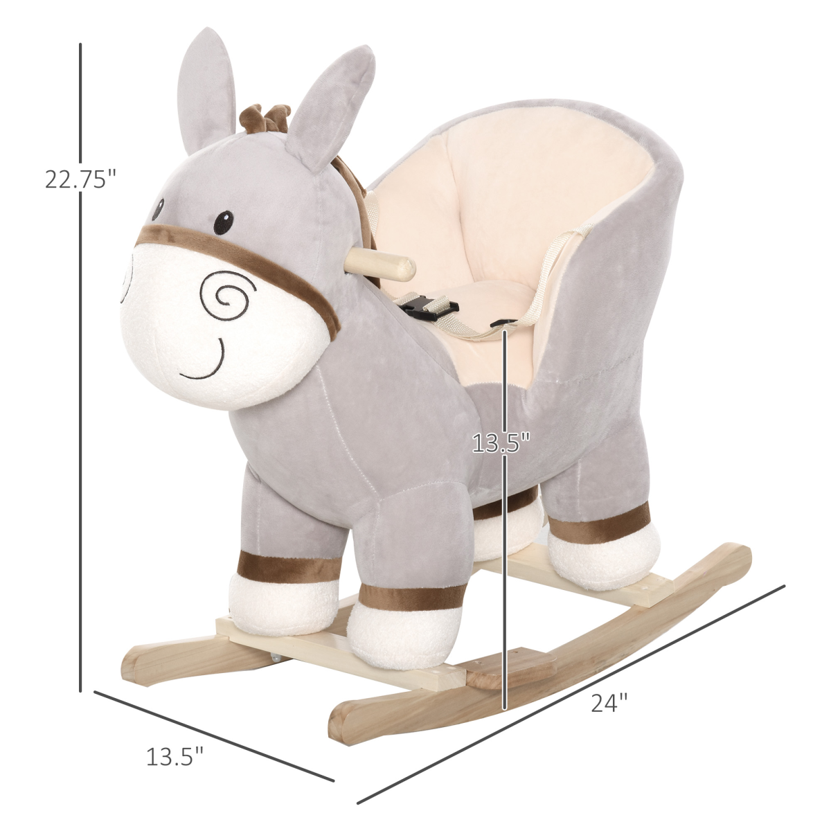 Kids Plush Donkey Rocking Horse with Steel Frame, Seat Belt & Footrest – Ride-On Toy for 18-36 Months, Grey