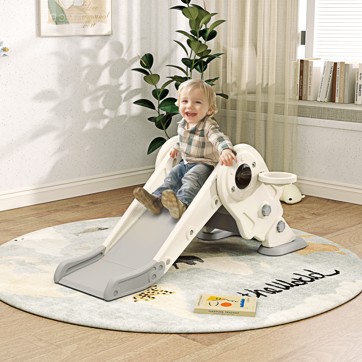 AIYAPLAY 3-in-1 Kids Slide with Basketball Hoop & Climber – Space Theme Foldable Play Set, Cream White