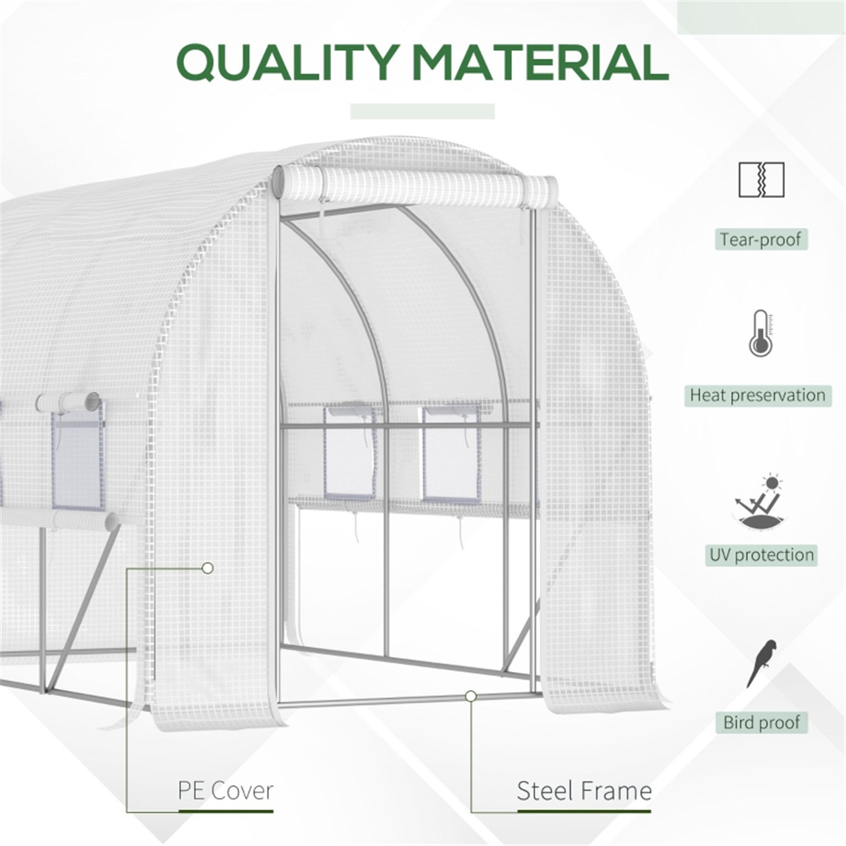 Walk-In Tunnel Greenhouse with Galvanised Steel Frame, Roll-Up Doors & Windows – UV-Protective PE Cover, White