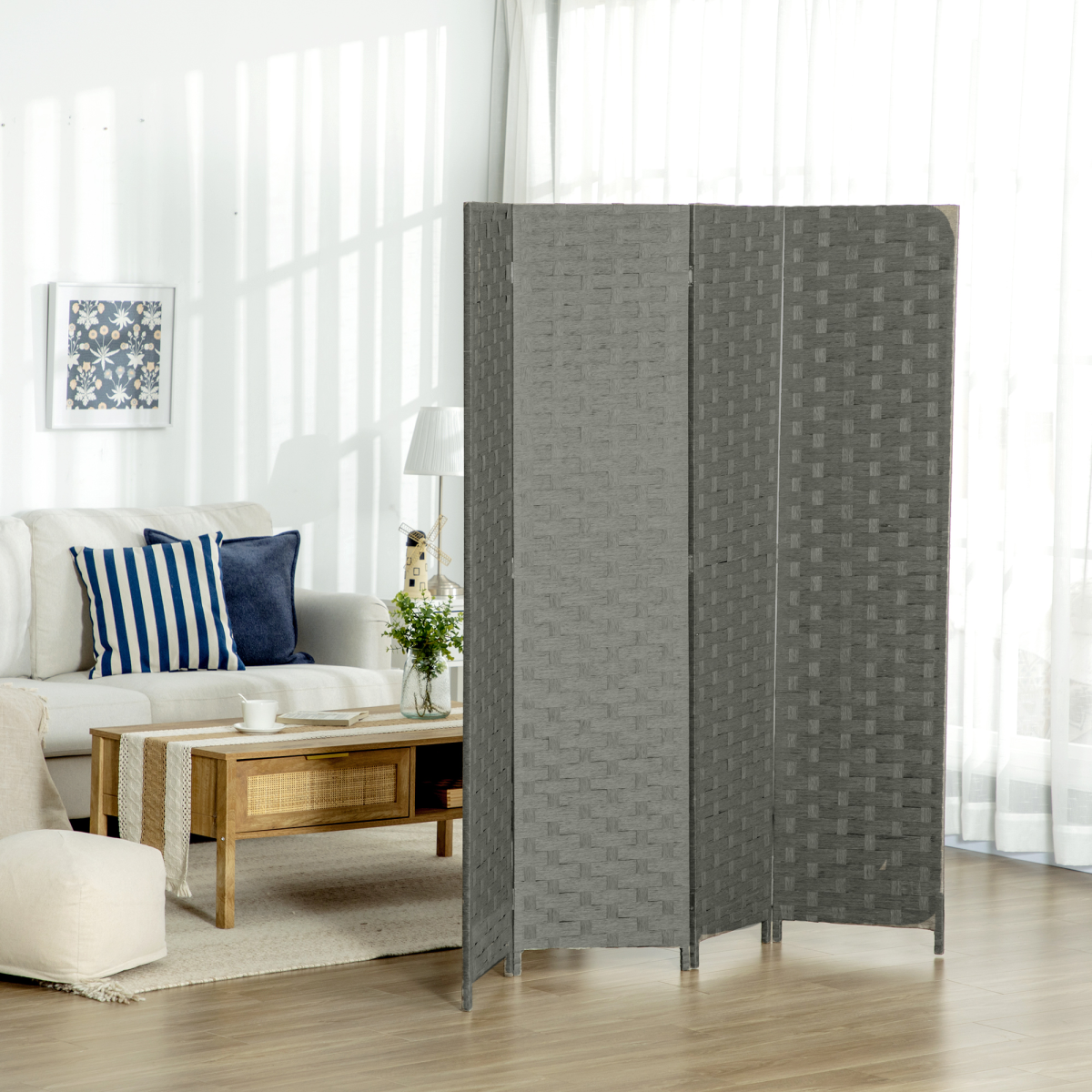 4-Panel Folding Room Divider, Wave Fibre Woven Wicker Effect Privacy Screen with Wood Frame, Grey