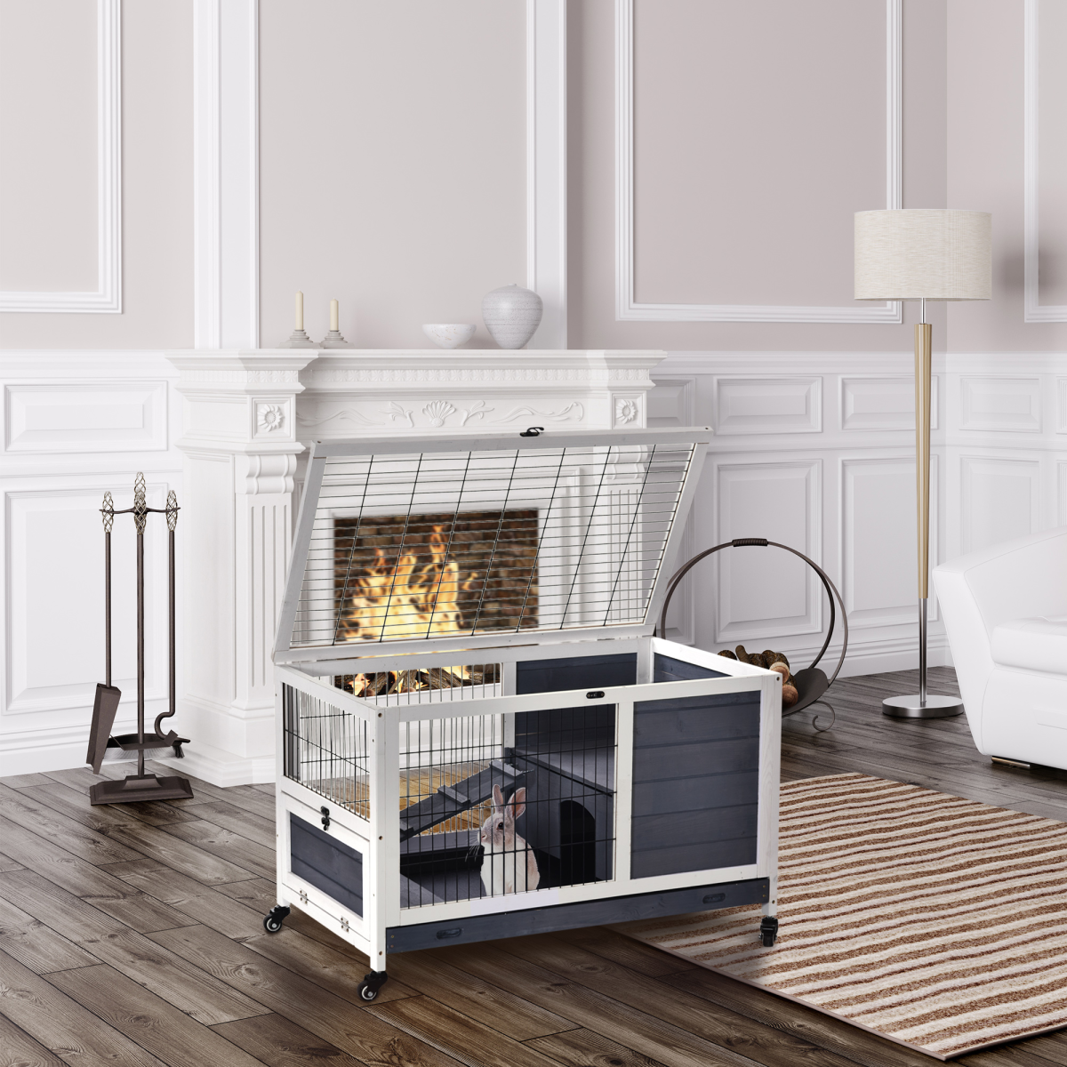 PawHut Indoor Two-Floor Wooden Rabbit Hutch with Wheels, Ramp & Pull-Out Tray – Guinea Pig Cage
