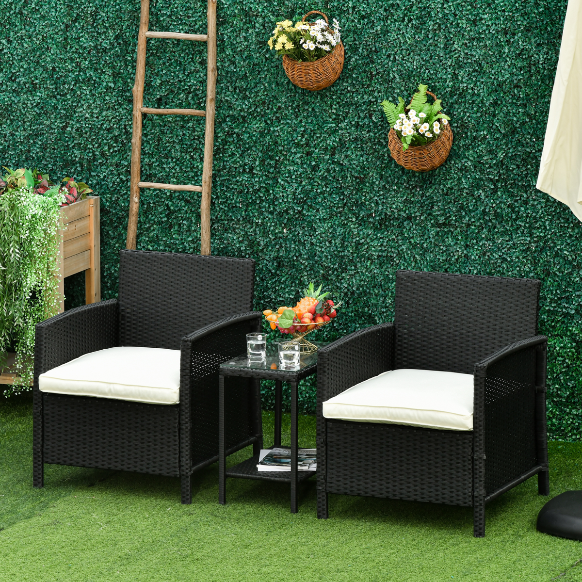 Outsunny 3-Piece PE Rattan Bistro Set with 2 Cushioned Armchairs & Glass Top Table – Garden, Black