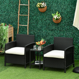 Outsunny 3-Piece PE Rattan Bistro Set with 2 Cushioned Armchairs & Glass Top Table – Garden, Black