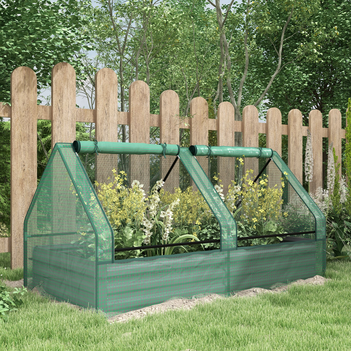 Outsunny Raised Garden Bed Planter with Mini Greenhouse Cover, Galvanised Steel Frame, Two Windows, 180 x 90cm