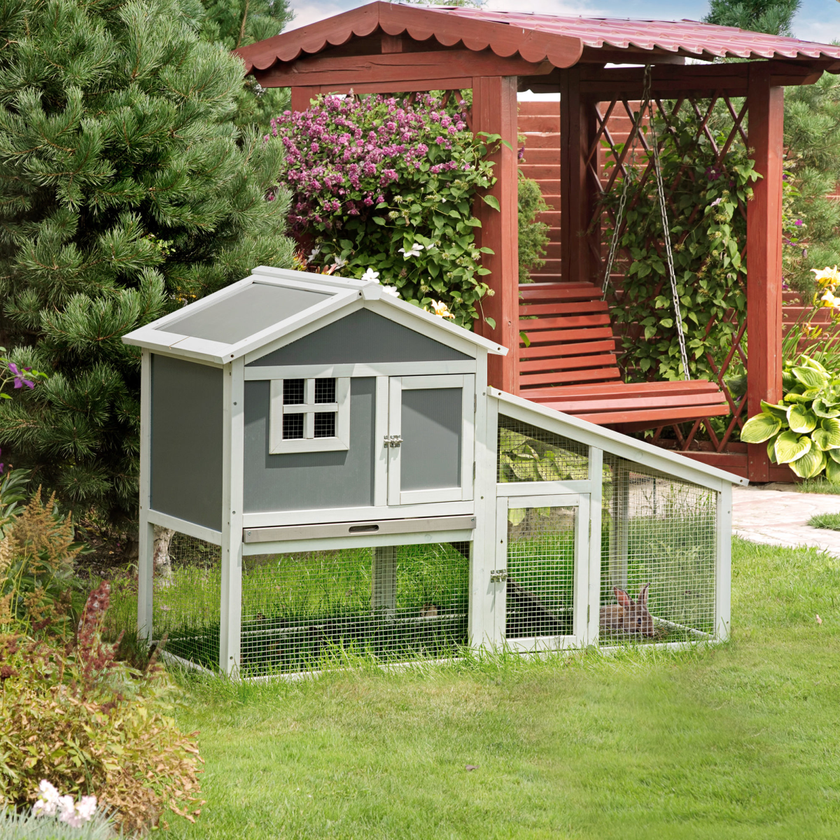 Pawhut Two-Tier Wooden Rabbit Hutch & Guinea Pig Cage with Sunlight Roof, Ramp & Slide-Out Tray – Outdoor Small Pet House