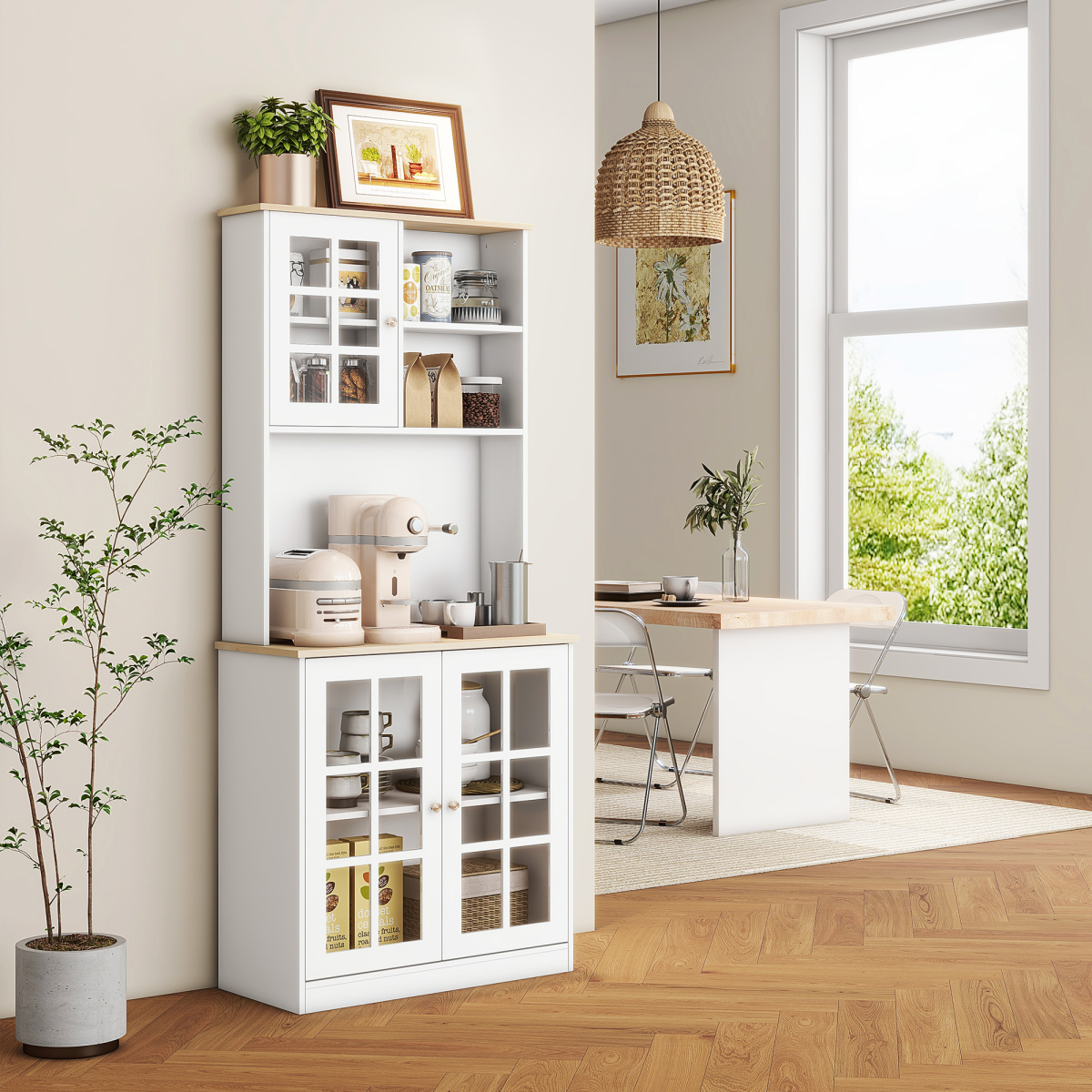 HOMCOM 183cm Sideboard with Grid Glass Doors & Internal Shelves – Kitchen & Dining Room Storage