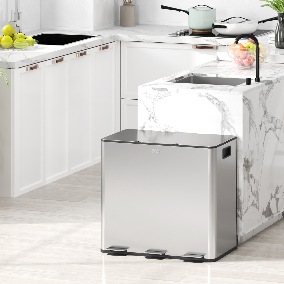 HOMCOM 3 x 15L Triple Recycling Pedal Bin with Removable Buckets – Stainless Steel Finish Kitchen Bin, Silver
