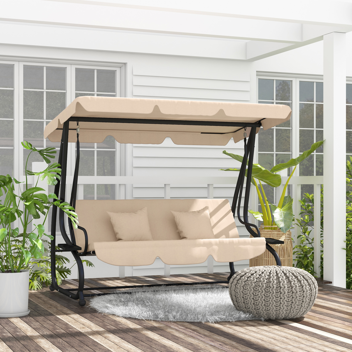 Outsunny 2-in-1 Garden Swing Chair for 3 People with Adjustable Canopy & Convertible Bed – Patio Hammock Seat, Light Brown