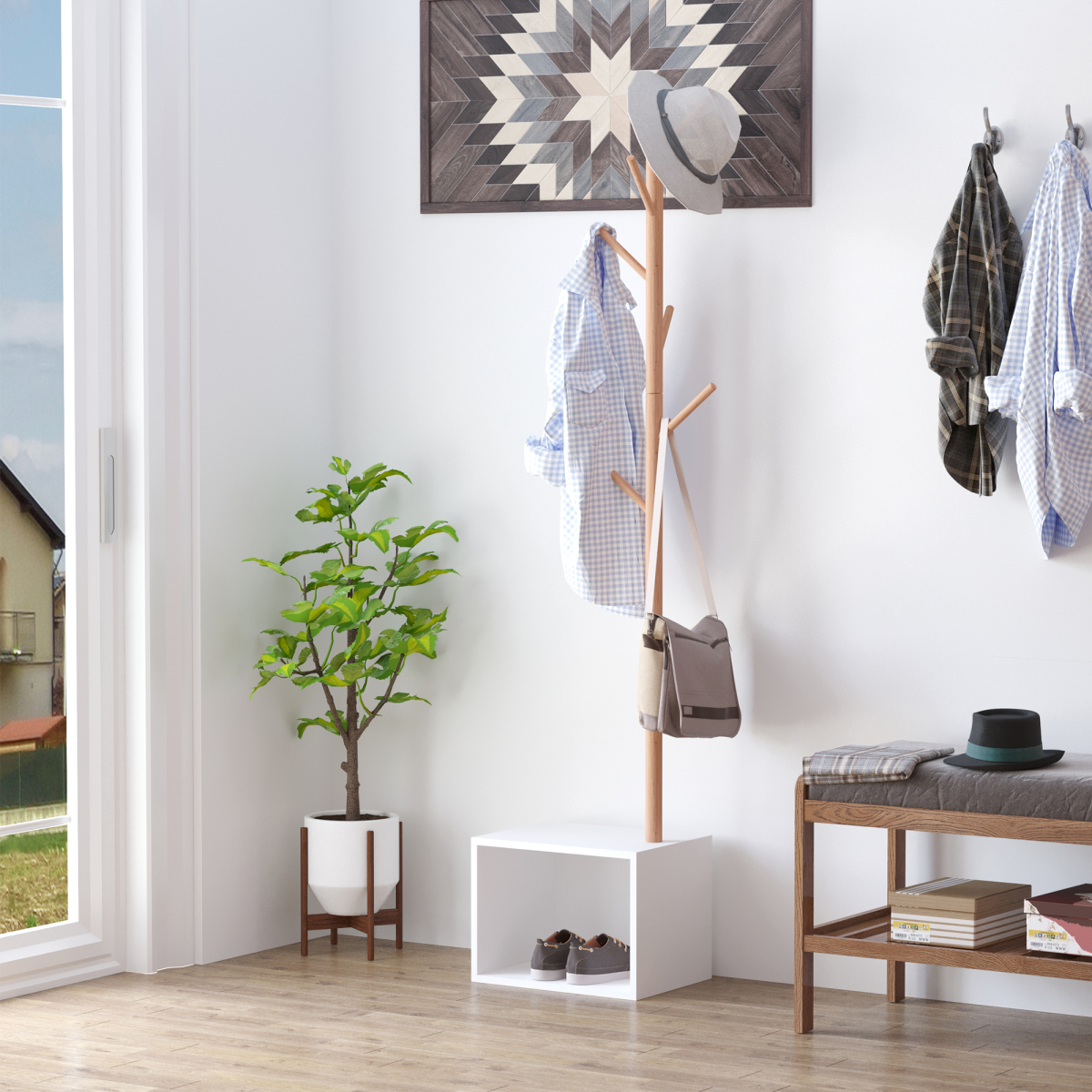HOMCOM Hallway Coat Rack Stand with Storage Bench & Shoe Cubby – Entryway Organiser