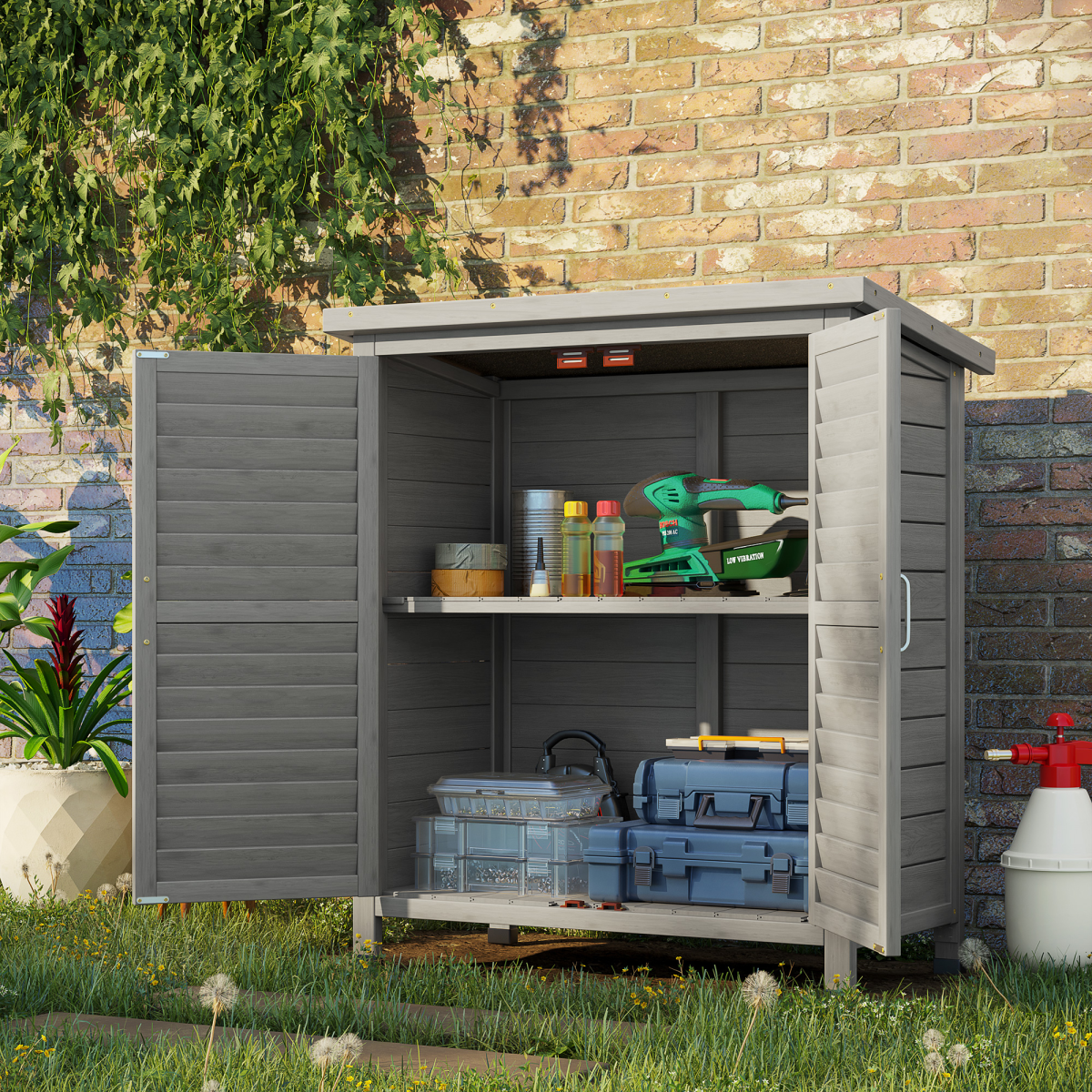 Outsunny Solid Fir Wood 2-Door Garden Storage Unit, 87 x 46.5 x 96.5cm – Outdoor Tool Cabinet, Grey