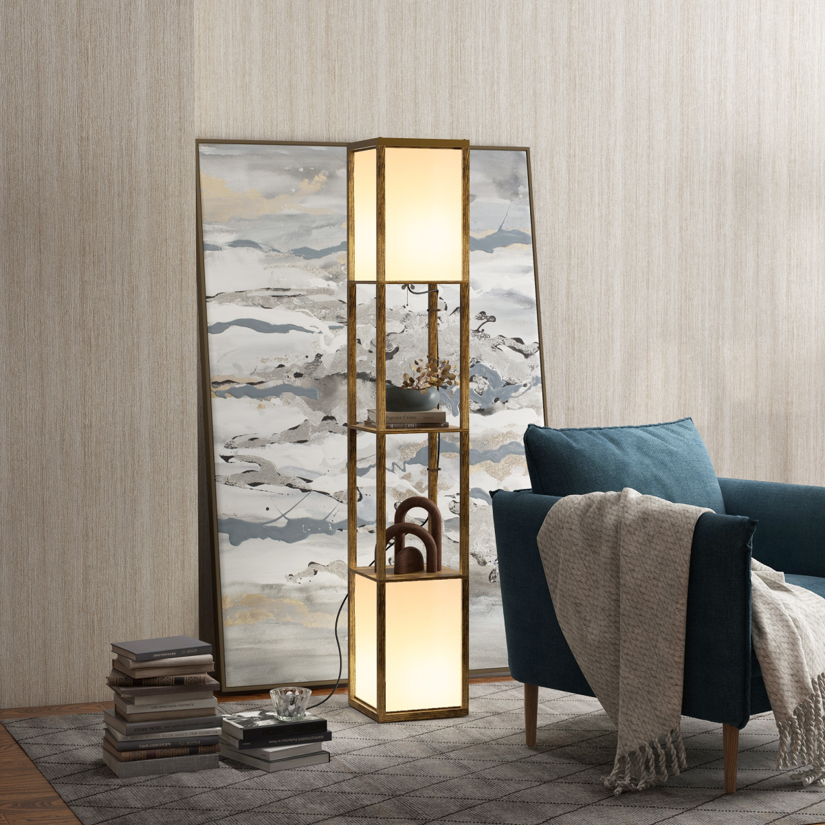 HOMCOM Dual Light Shelf Floor Lamp with Fabric Lampshades & Display Shelves – Living Room Lighting, Brown