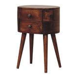 Artisan Furniture Mini Rounded Bedside Table with 2 Drawers – Solid Mango Wood, Chestnut Finish, Brown