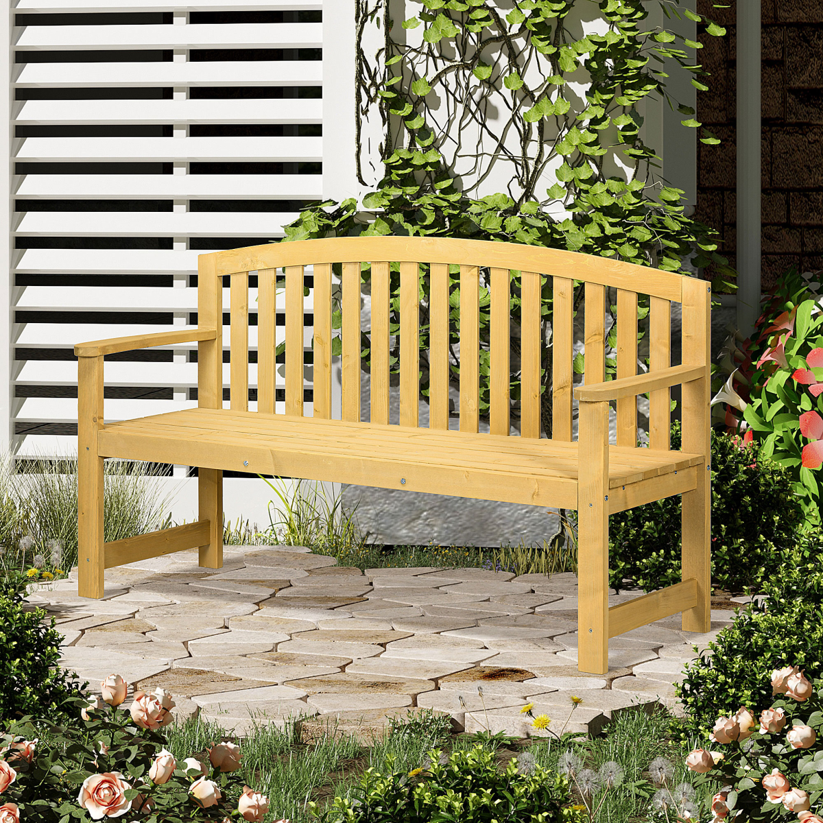 Outsunny 2-Person Wooden Garden Bench with Armrests & High Back – Fir Wood Outdoor Patio Seating, Orange