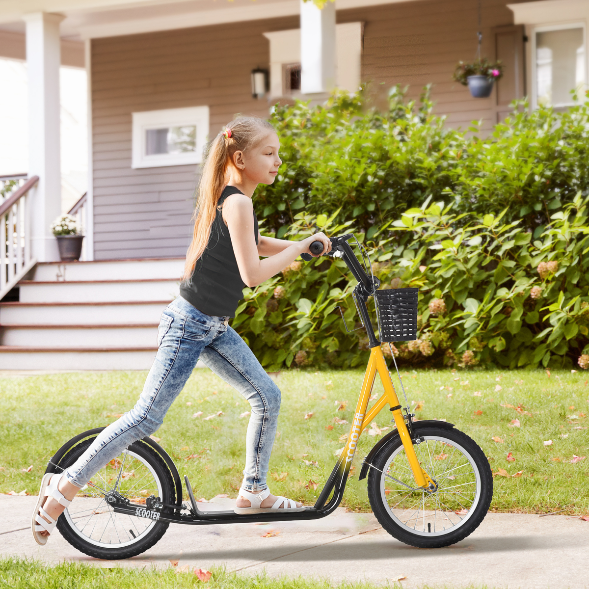 HOMCOM Kids Kick Scooter with Dual Brakes, Basket & Cup Holder – Adjustable Big Wheel Scooter for 5-12 Years