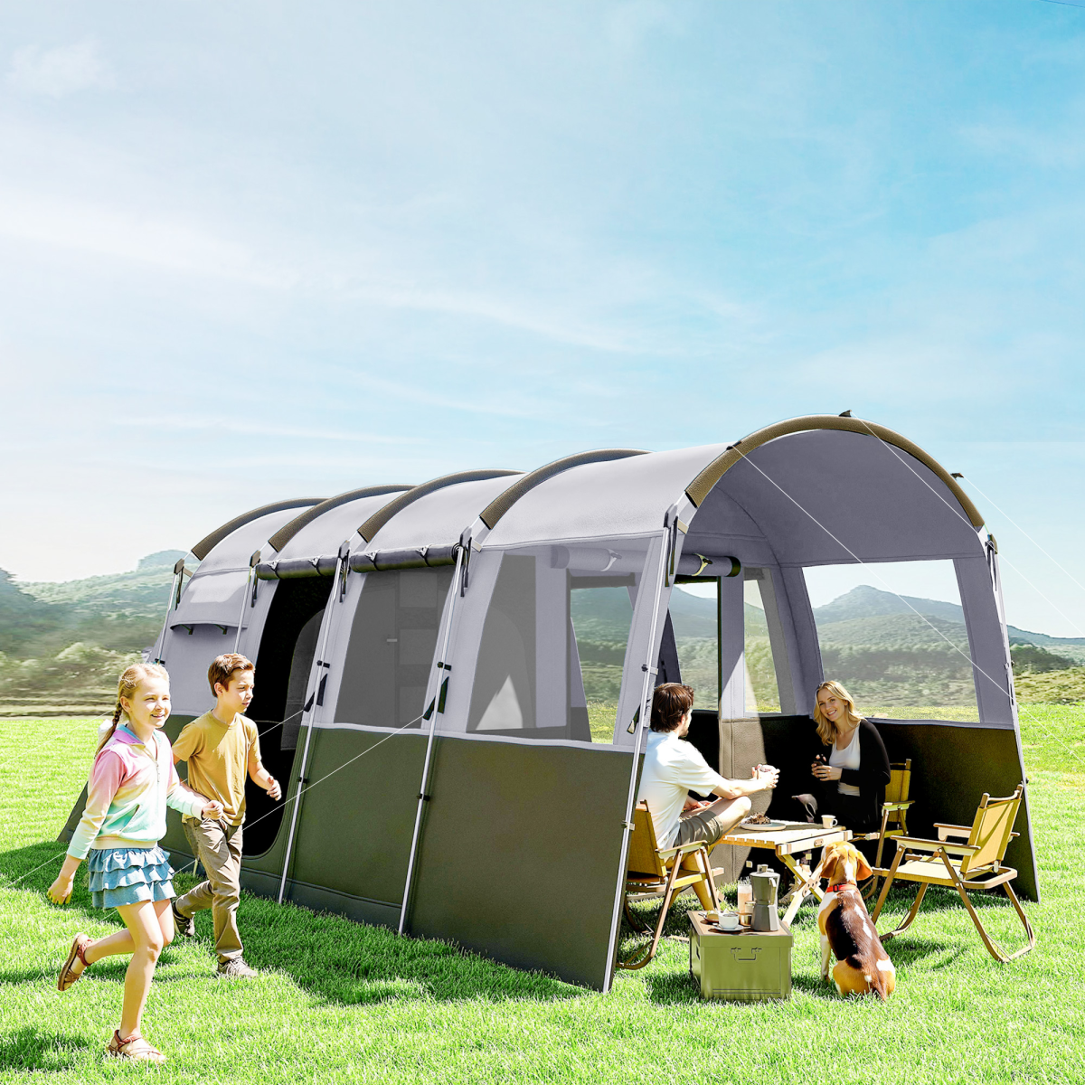 Outsunny 8-Person Tunnel Tent with 4 Large Windows & Removable Inner Walls – Family Camping Tent, Dark Grey