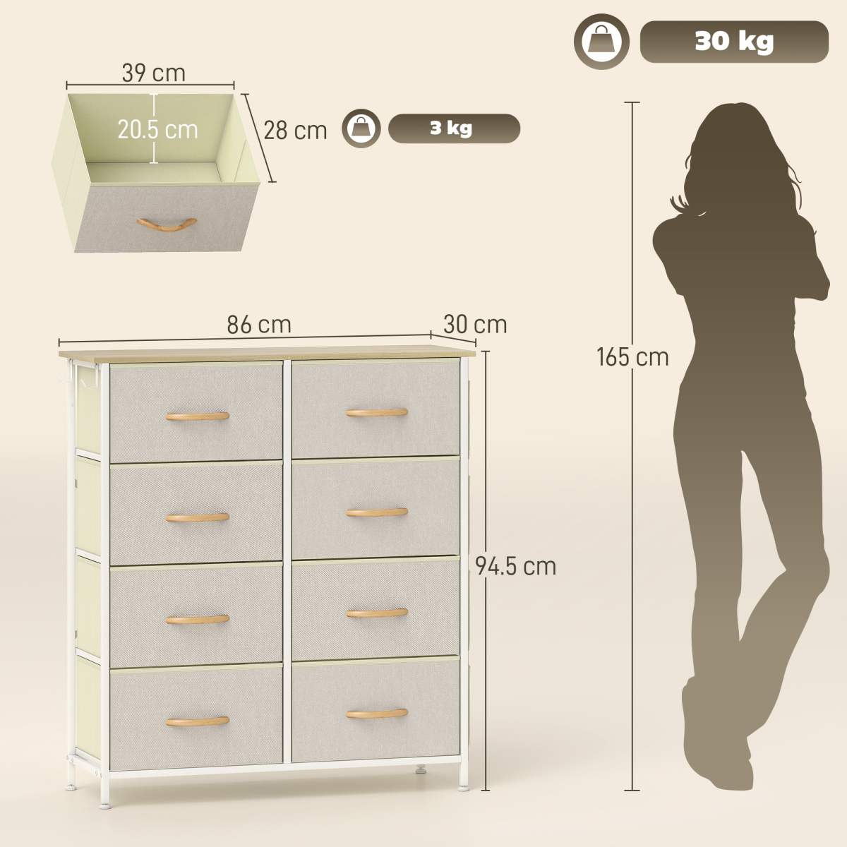 Fabric Chest of Drawers with 8 Drawers, Side Pockets & Hooks – Steel Frame Storage Unit, Beige and Natural Wood