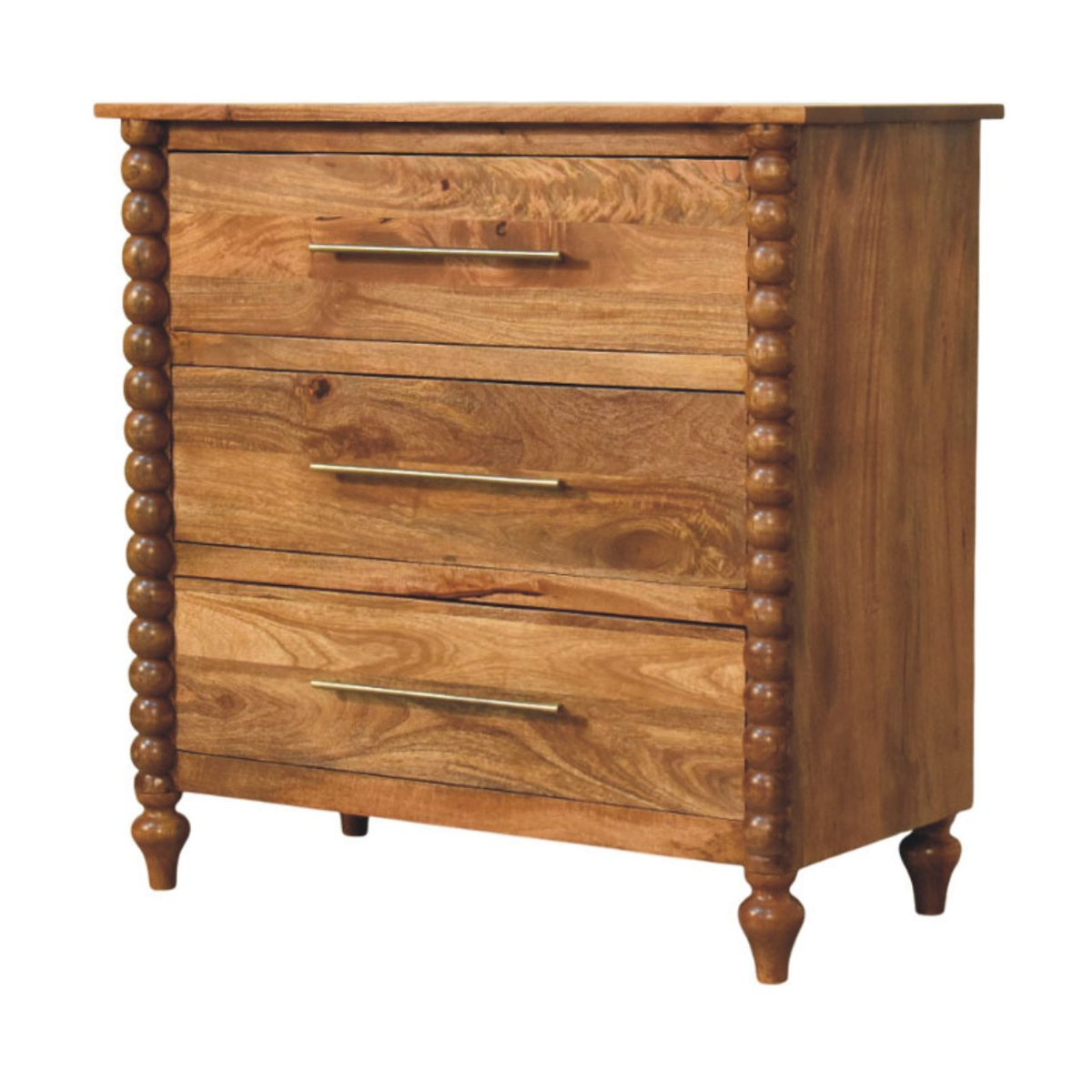 Artisan Furniture Solid Wood Spindle Chest of 3 Drawers with Brass Handles – Amber Oak Finish, Brown