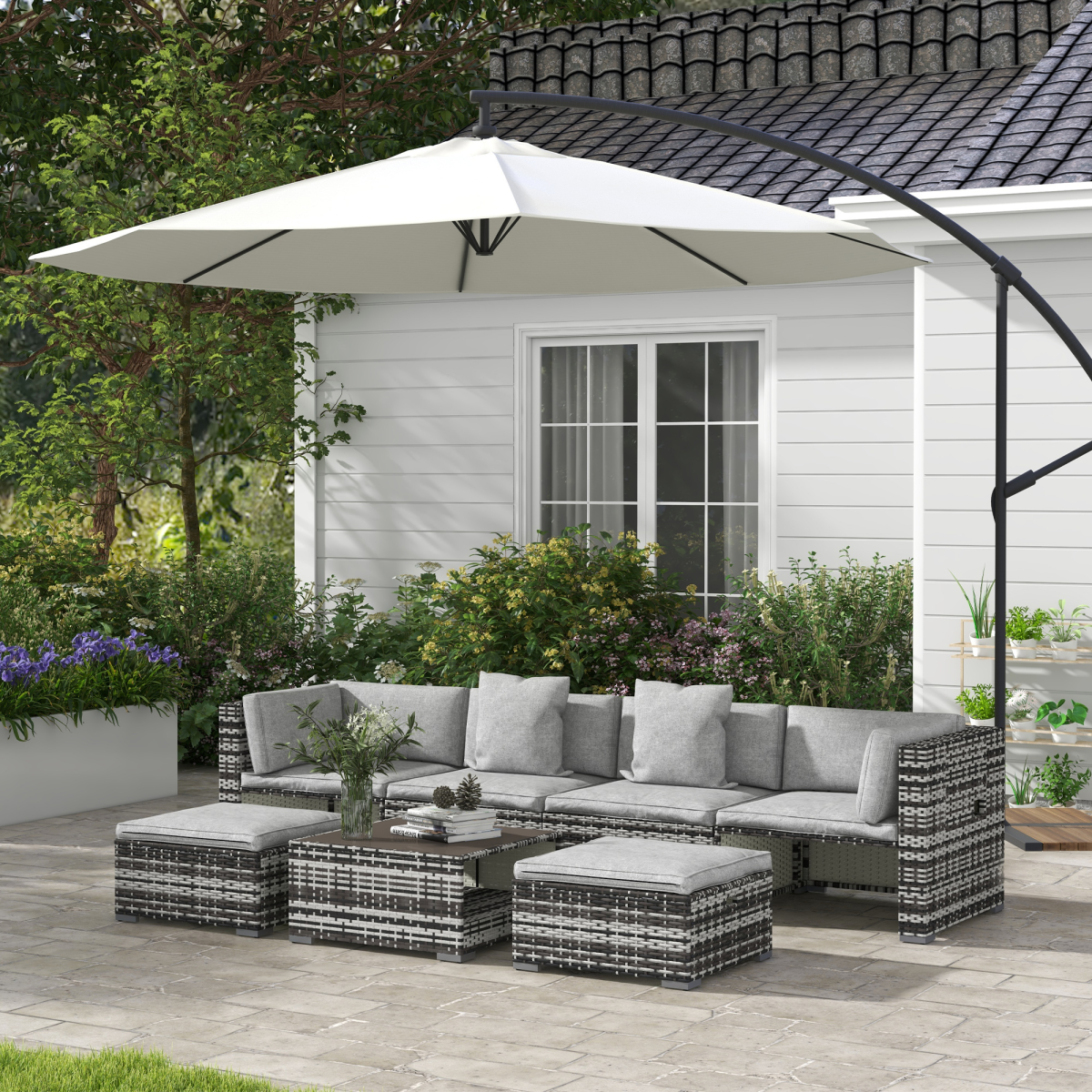 Outsunny 7-Piece Rattan Garden Furniture Set with Lift-Up Storage Shelves, Glass-Top Coffee Table & Stools – Patio Sofa Set, Mixed Grey