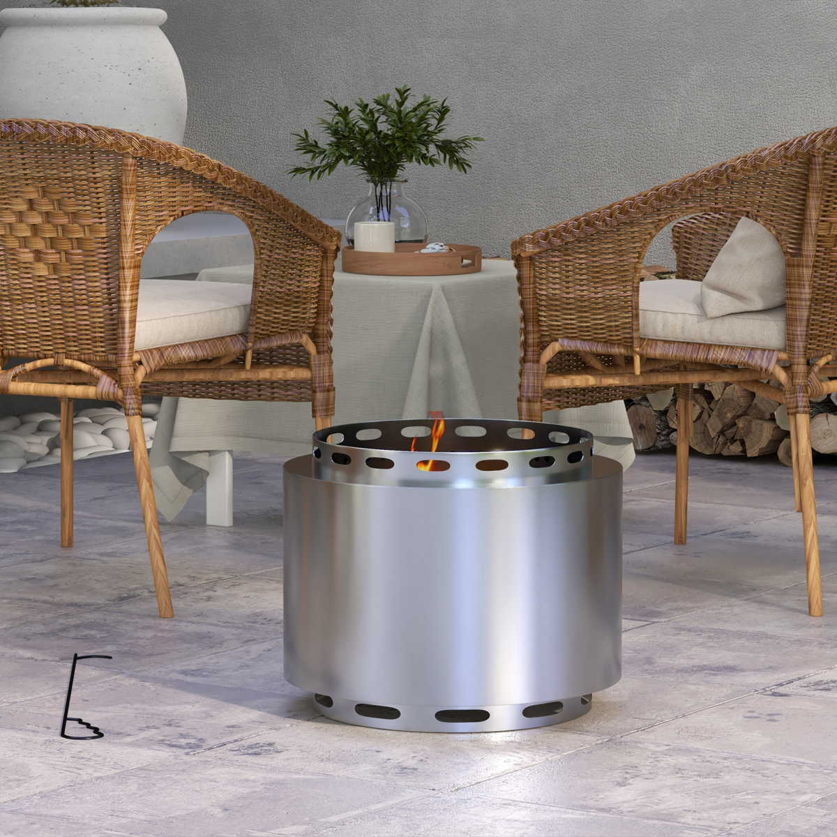 Outsunny Smokeless Wood Burning Fire Pit with Secondary Combustion & Poker, 48.5cm Stainless Steel – Garden Patio Heater, Silver