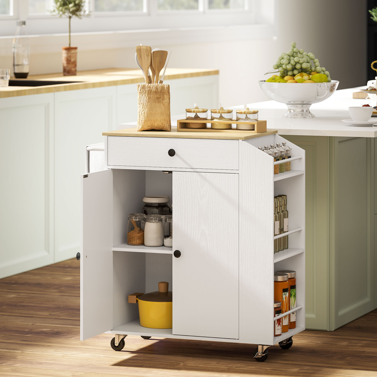 HOMCOM Kitchen Island with 3-Tier Spice Rack, Drawer, Cabinet and Towel Rack – Mobile Kitchen Cart on Wheels, White Oak