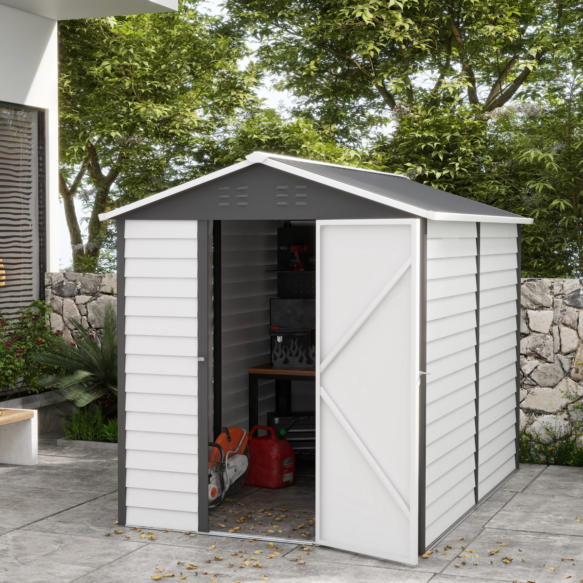 Outsunny 9 x 6ft Galvanised Metal Garden Shed with Lockable Door and Window – Tool Storage, Grey and White