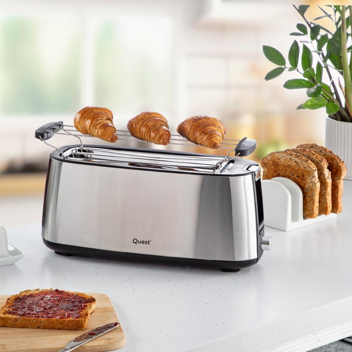 Quest 4 Slice Stainless Steel Toaster with Warming Rack – Extra Wide Slots, 7 Browning Levels