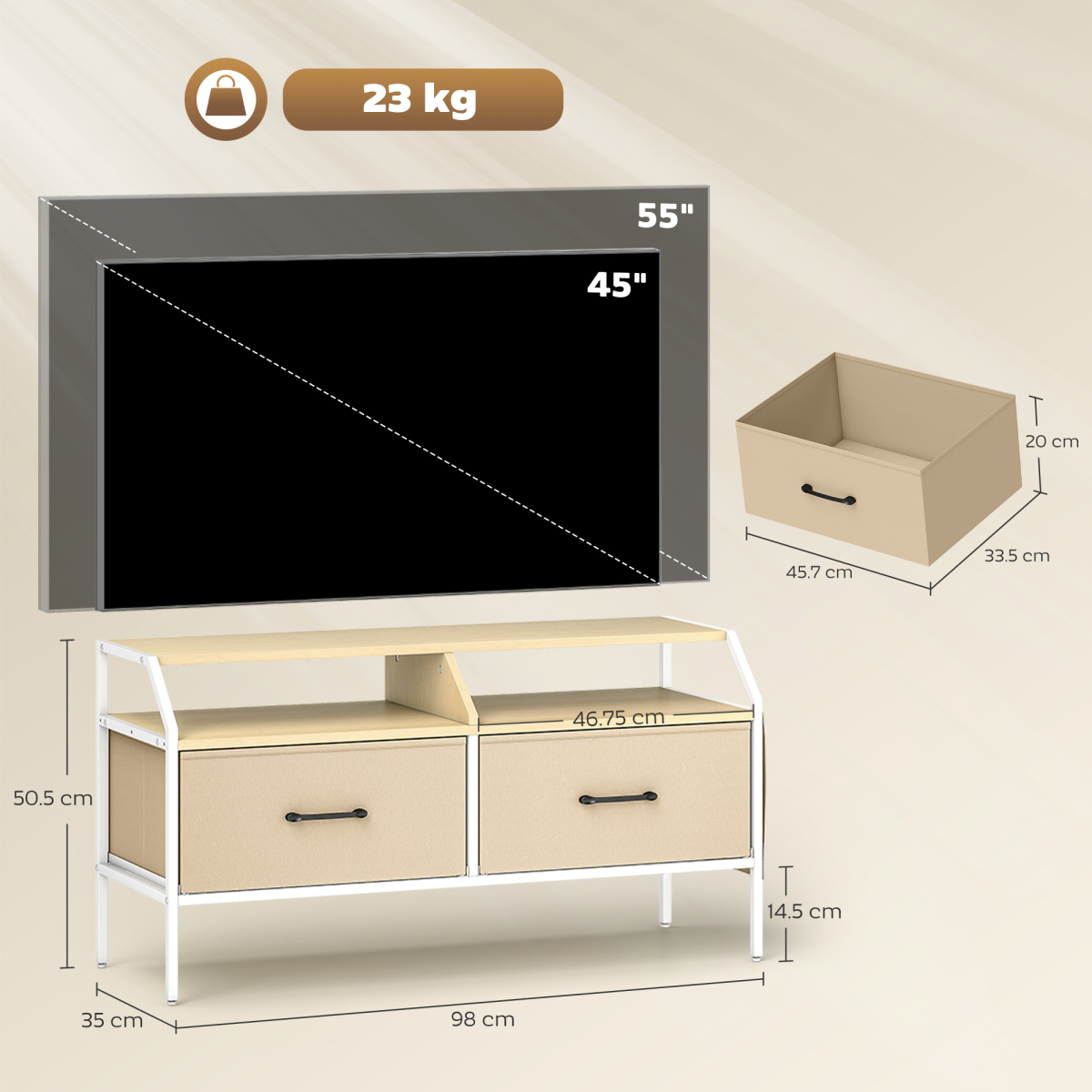 Industrial TV Stand with 2 Fabric Drawers & Side Pockets for TVs up to 55 in – Entertainment Storage, Natural Wood