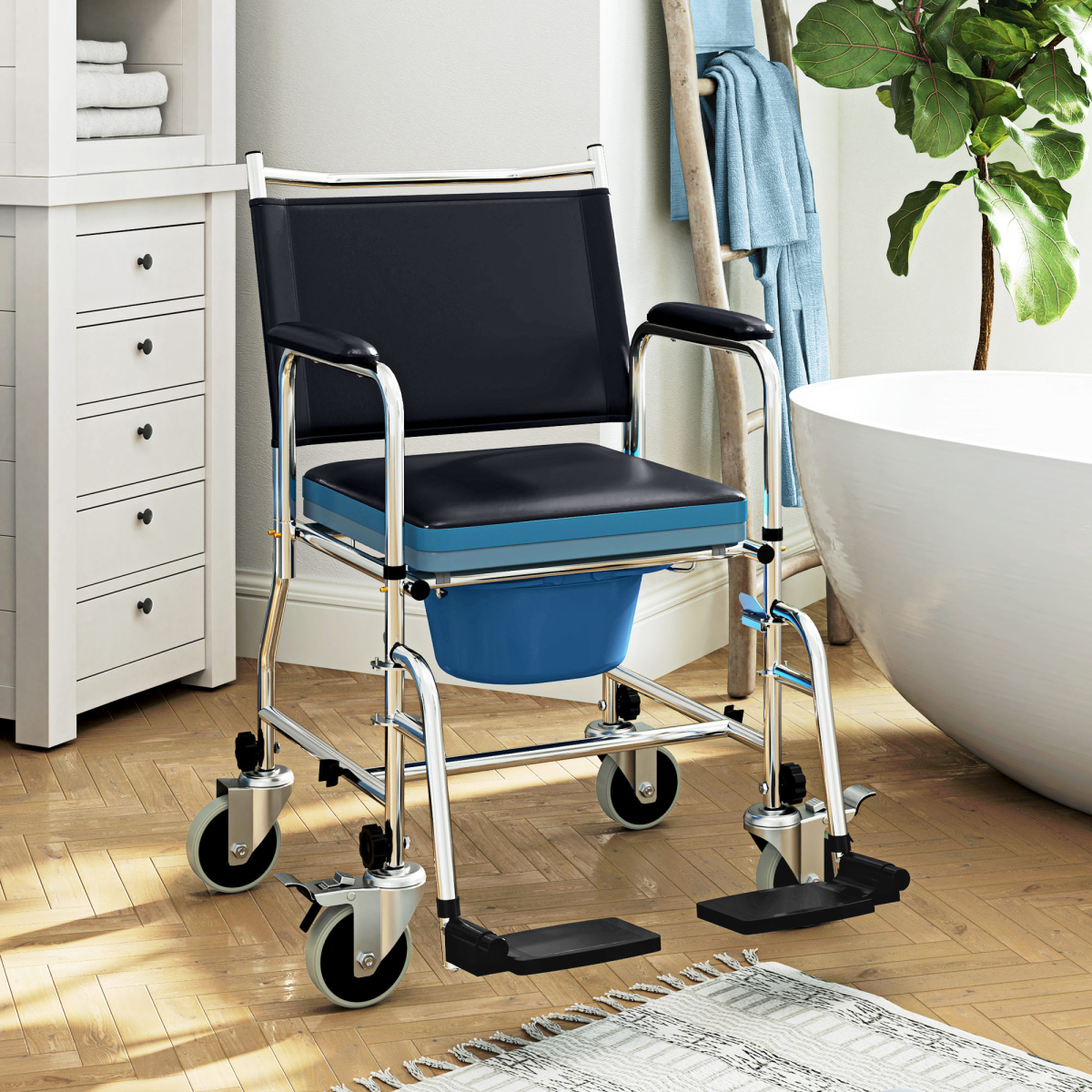 HOMCOM 3-in-1 Commode Shower Chair & Wheelchair with Footrest – Padded Bathroom Mobility Aid, Black