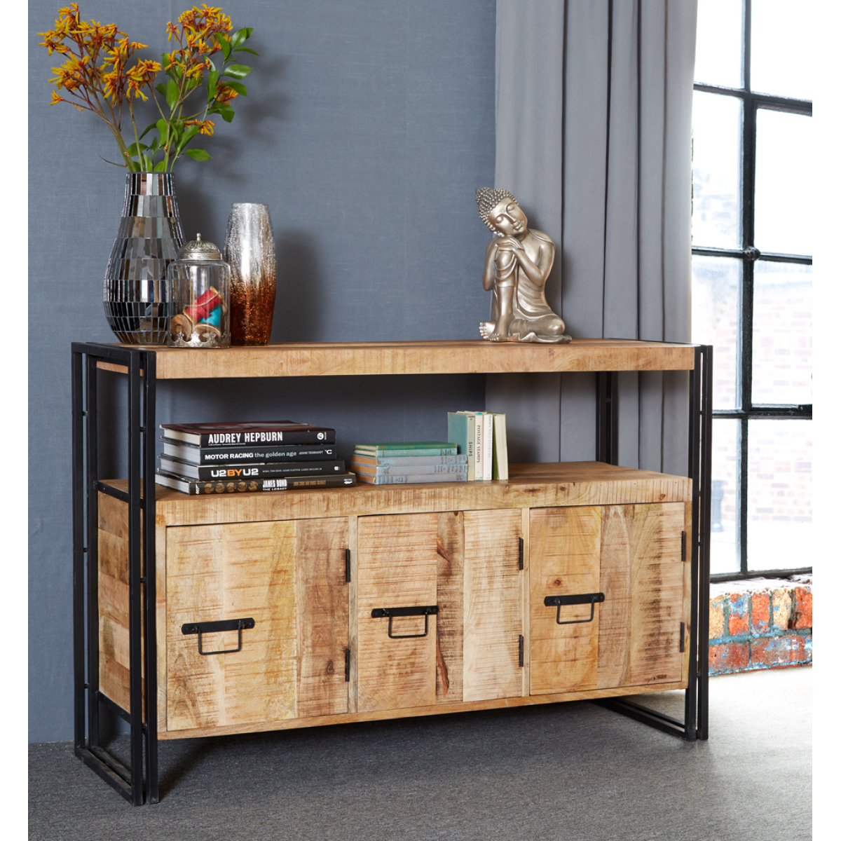 Cosmo Industrial Sideboard with Cupboard & Drawer Storage – Solid Mango Wood & Reclaimed Metal