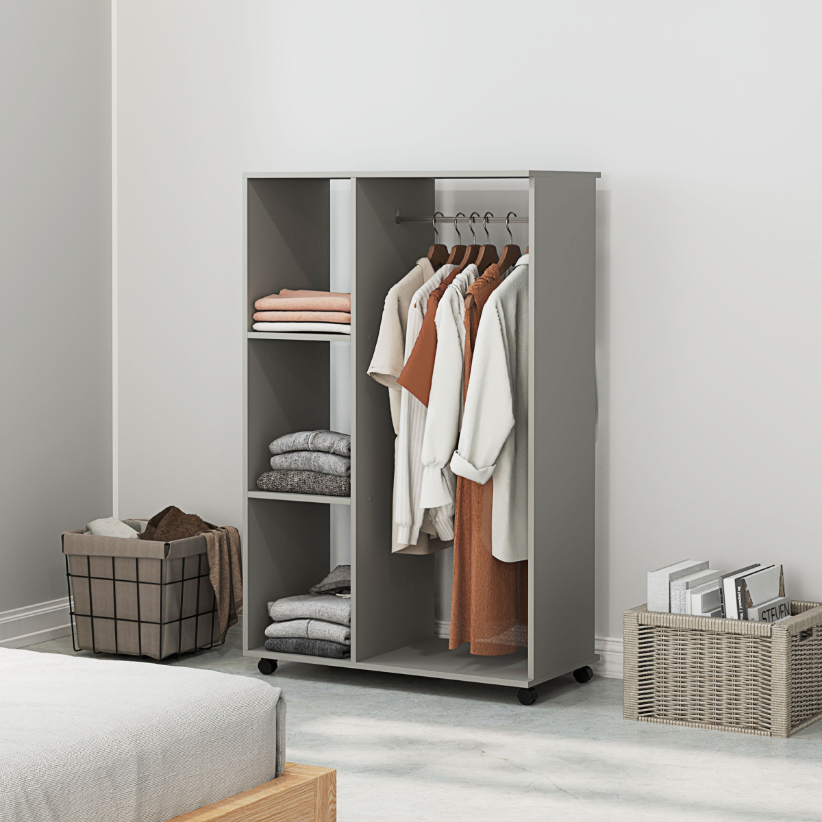 HOMCOM Rolling Open Wardrobe with Hanging Rail & 3 Shelves – Clothes Storage on Wheels, Grey