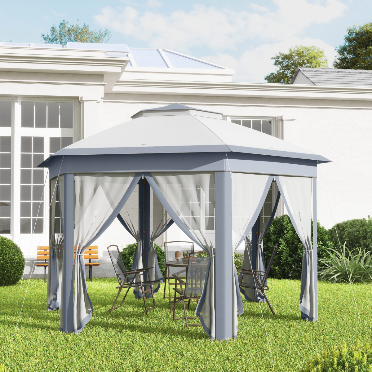 Outsunny 4 x 4m Hexagon Pop-Up Gazebo with Double Roof & Mesh Netting – Grey