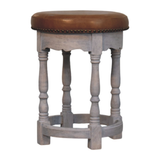 Artisan Furniture Solid Wood Rustic Charm Stool with Upholstered Leather Seat – Vanity Stool, Brown