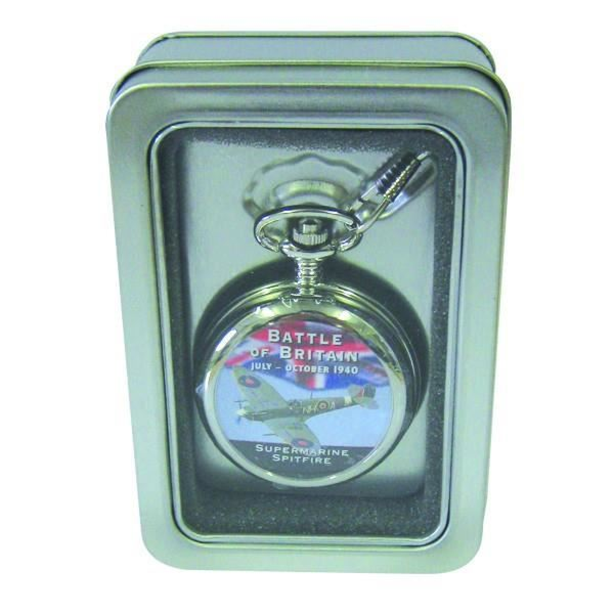 Ravel Picture Pocket Watch with Super Marine Spitfire Design, Chain & Tin Presentation Box – Silver