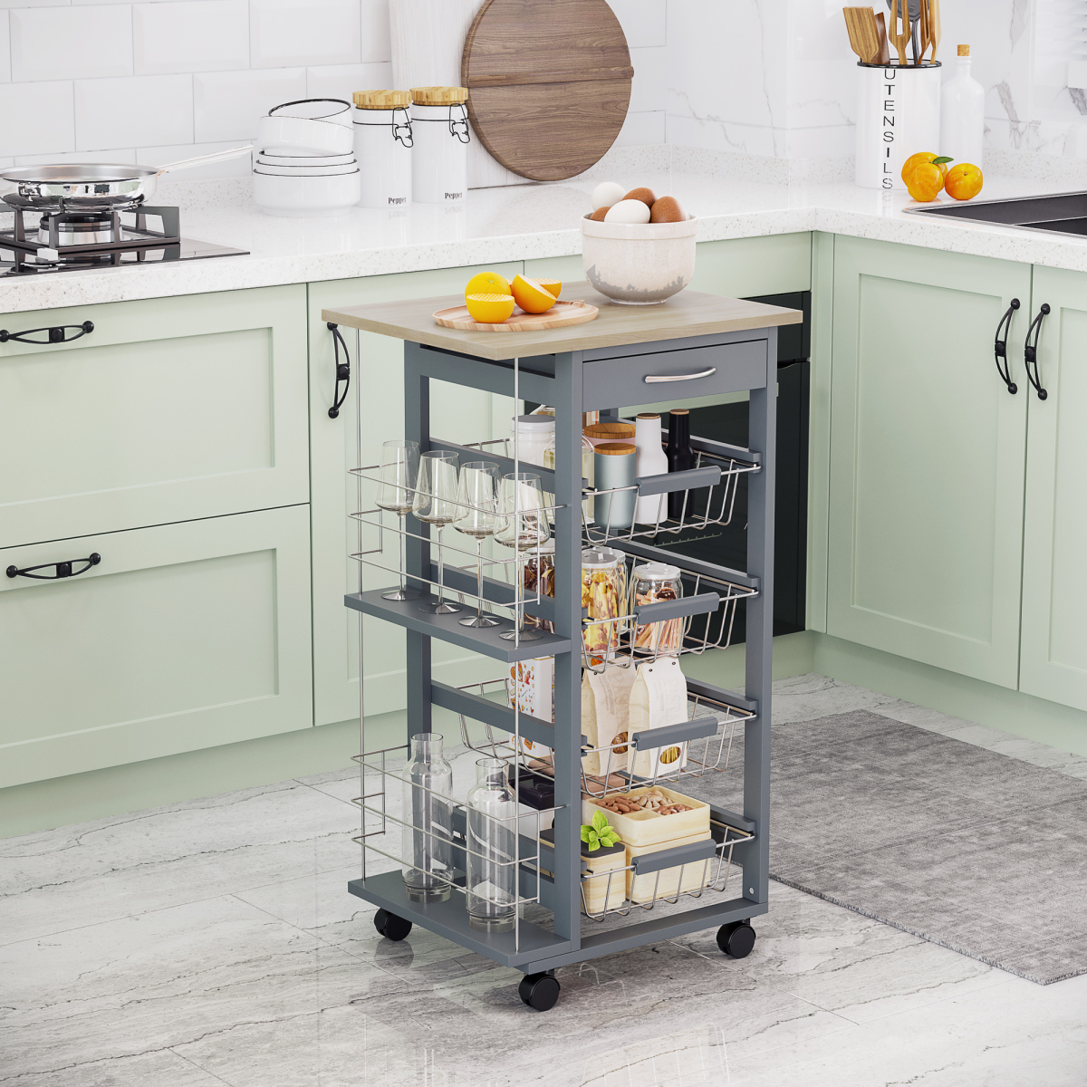 HOMCOM Kitchen Island Trolley with 4 Removable Baskets, Drawer & Side Racks – Dark Grey