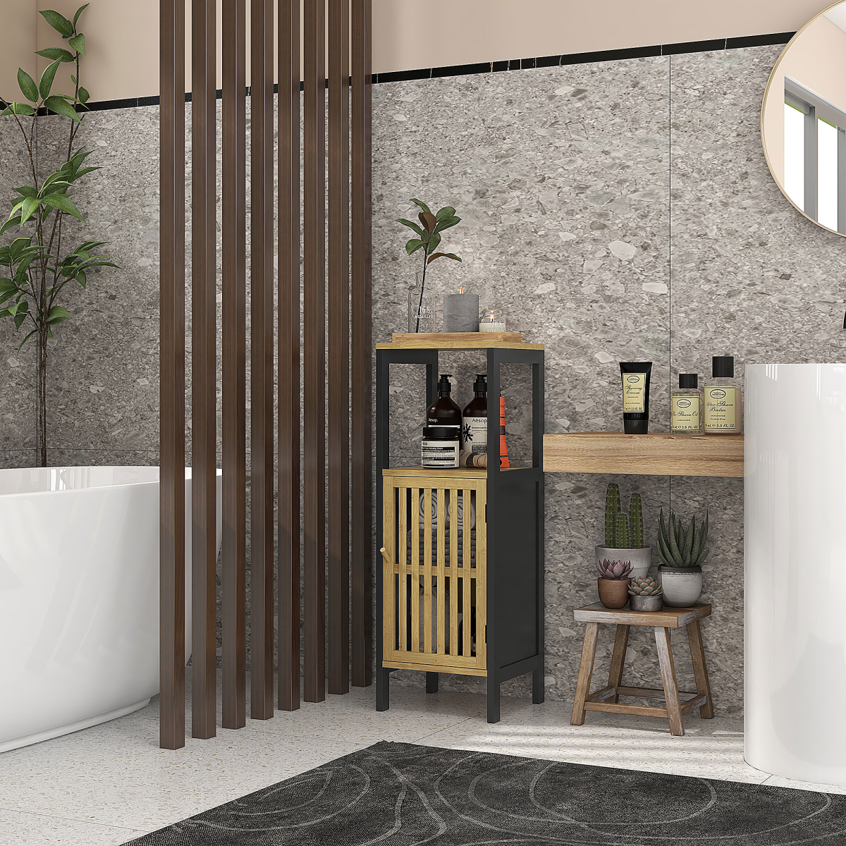 HOMCOM Bamboo Bathroom Floor Cabinet with Adjustable Shelf & Slatted Door – Tall Slim Storage, Black, Natural