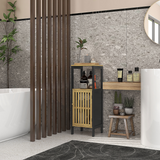 HOMCOM Bamboo Bathroom Floor Cabinet with Adjustable Shelf & Slatted Door – Tall Slim Storage, Black, Natural
