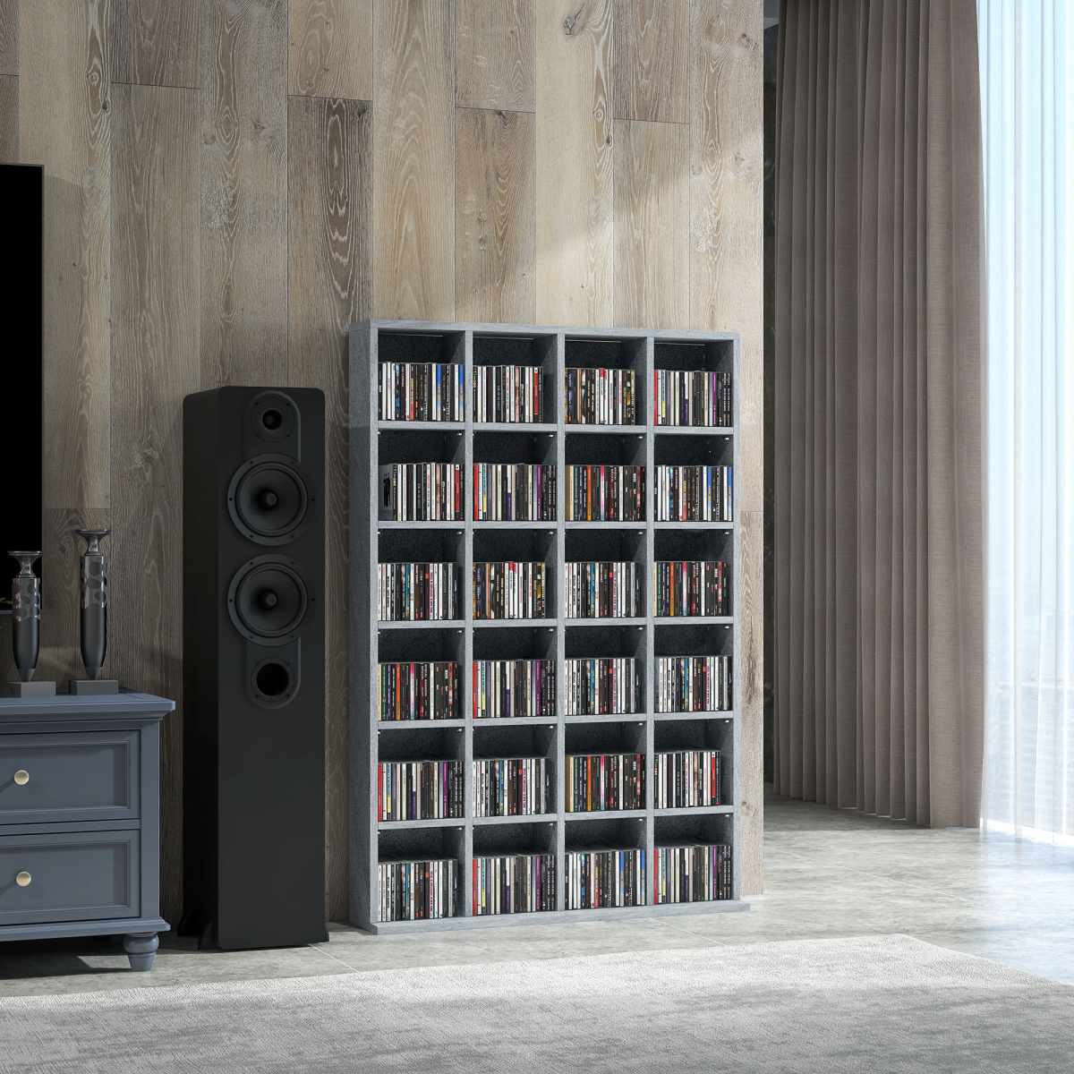 HOMCOM DVD, CD and Blu-ray Media Storage Rack – Four-Column Display Shelf Unit for Living Room, Grey