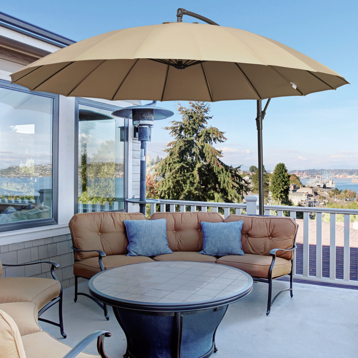 Outsunny 3m Cantilever Patio Parasol with Crank Handle, 18 Fibreglass Ribs & Cross Base – Offset Garden Shade, Khaki
