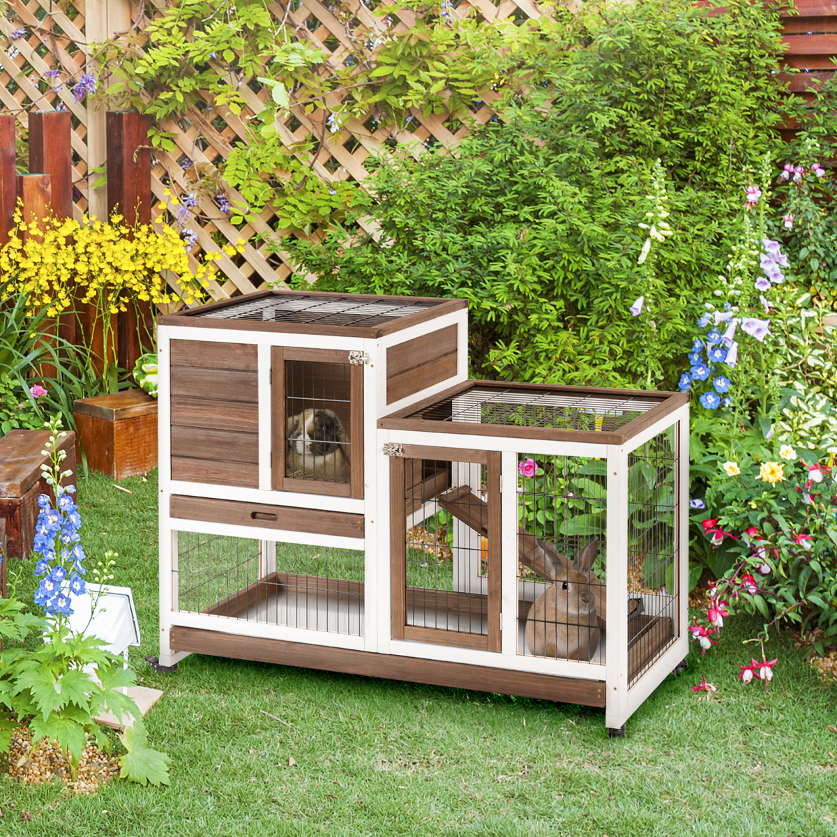 Two-Tier Wooden Rabbit Hutch with Four Wheels and Locking Doors – Indoor Guinea Pig Cage, 110 x 50 x 86 cm