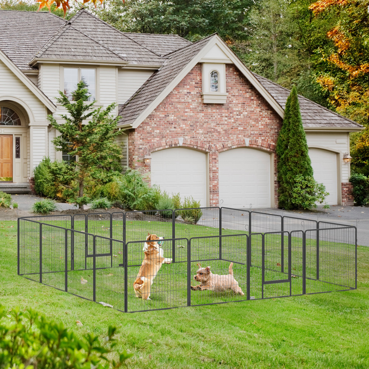 PawHut 16-Panel Heavy Duty Dog Playpen with Doors and Ground Stakes – Foldable Puppy Pen for Small and Medium Dogs, 80 cm High