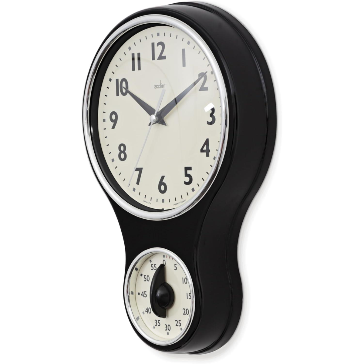 Acctim Kitchen Time 20cm Timer Quartz Retro Style Domed Glass Lens Black Wall Clock