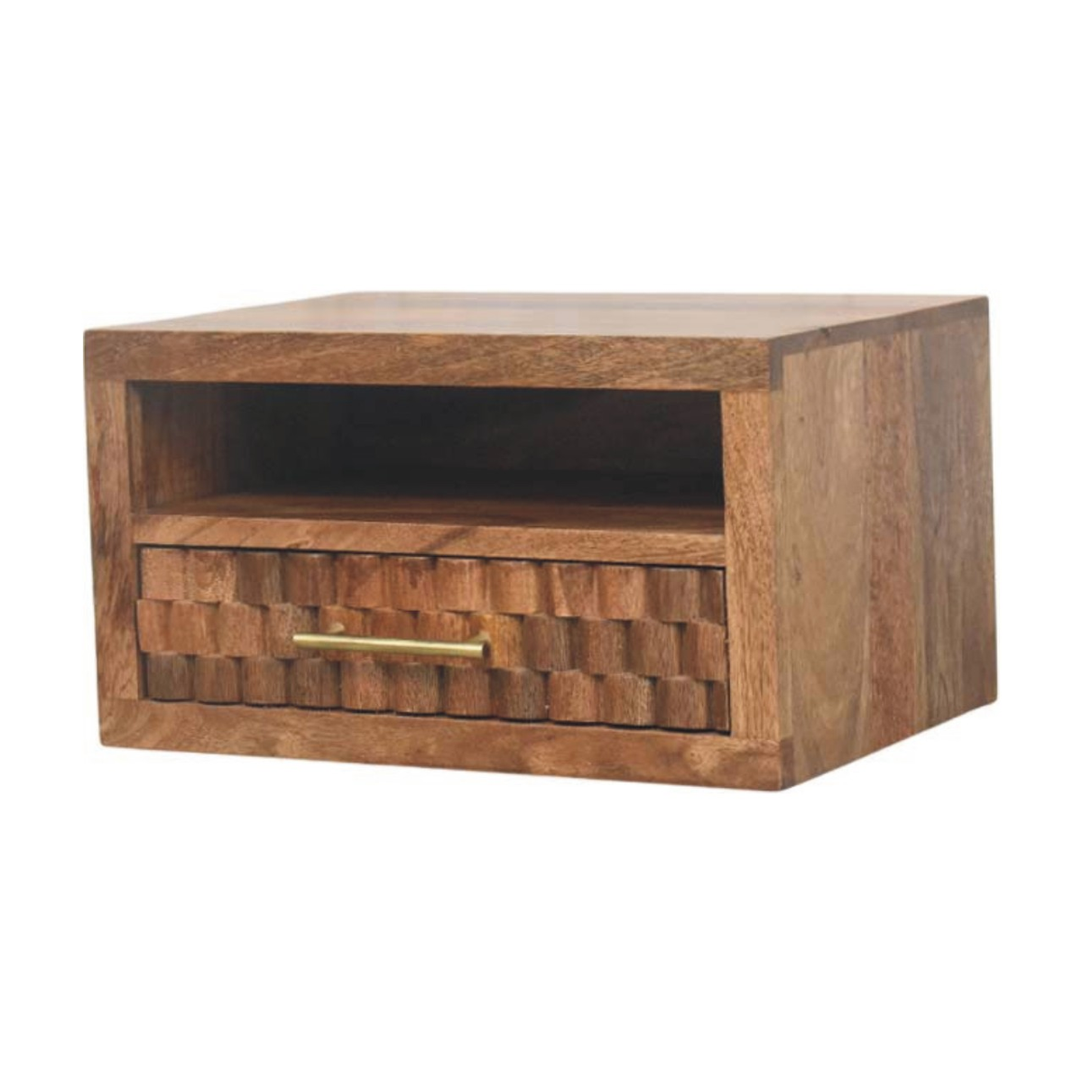 Artisan Furniture Solid Wood Arno Wall-Mounted Nightstand with Carved Drawer and Open Shelf – Golden Teak