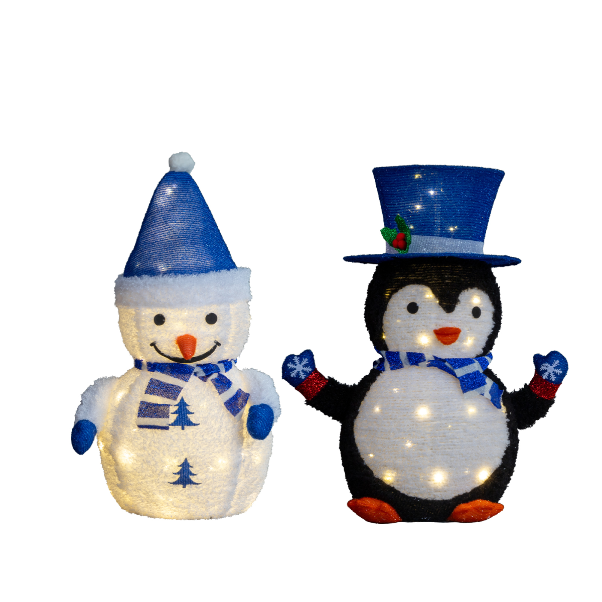 Set of 2 Lighted Plush Penguin and Snowman Christmas Decorations with 100 Warm White Lights – Indoor & Outdoor