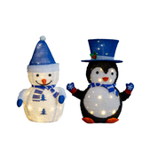 Set of 2 Lighted Plush Penguin and Snowman Christmas Decorations with 100 Warm White Lights – Indoor & Outdoor