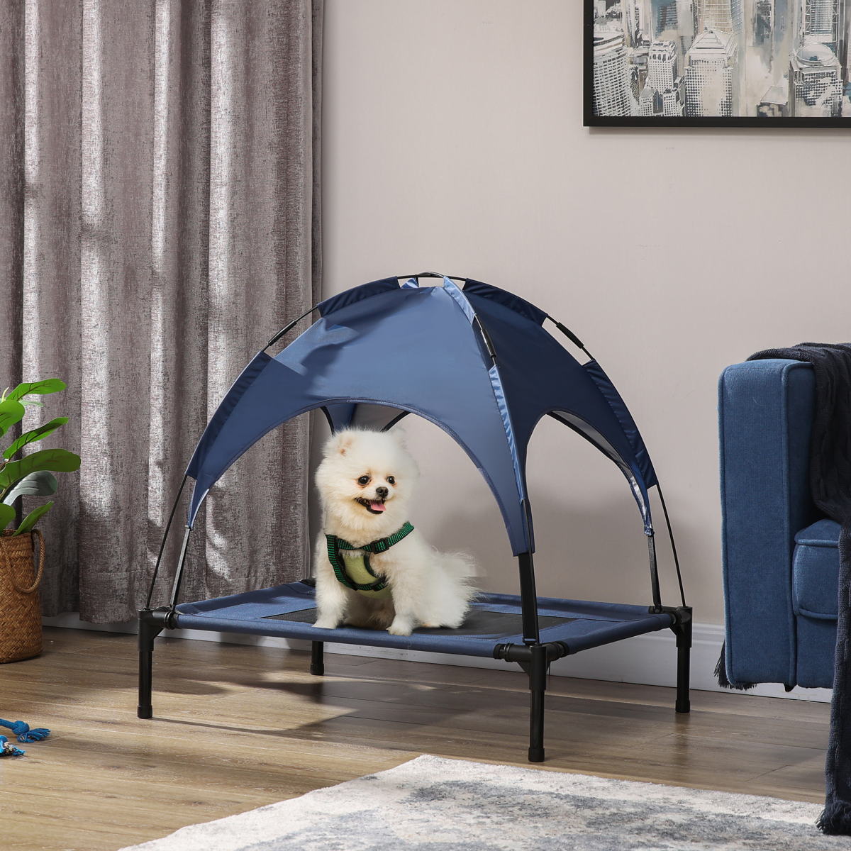 PawHut 76cm Elevated Dog Bed with UV Protection Canopy & Travel Bag – Raised Cooling Pet Cot, Blue