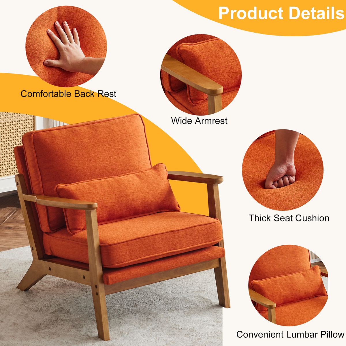 Mid-Century Modern Oak Frame Accent Chair with Linen-Cotton Upholstery – Retro Lounge Armchair, Burnt Orange