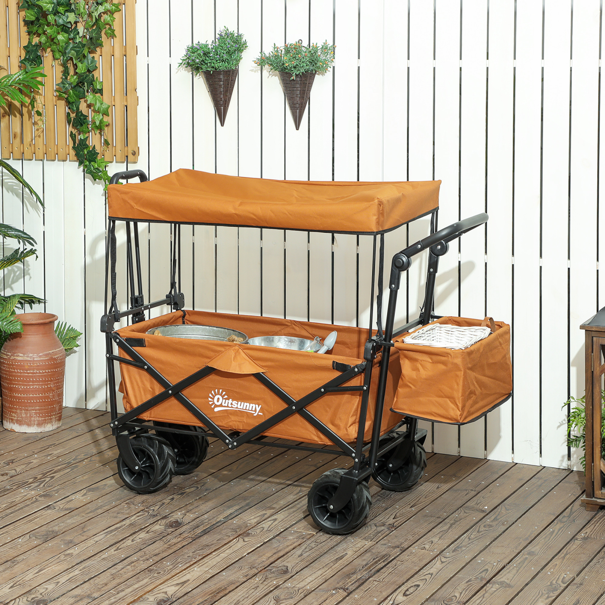 Outsunny Folding Utility Cart with Canopy, 68kg Capacity, Steel Frame & EVA Wheels – Garden Trolley, Orange