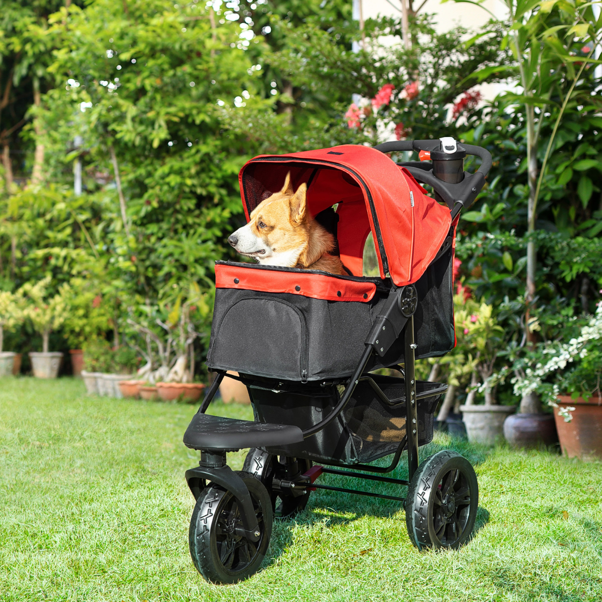 PawHut Folding 3-Wheel Pet Stroller with Adjustable Canopy, Brake and Storage Basket – Small Dog Pushchair
