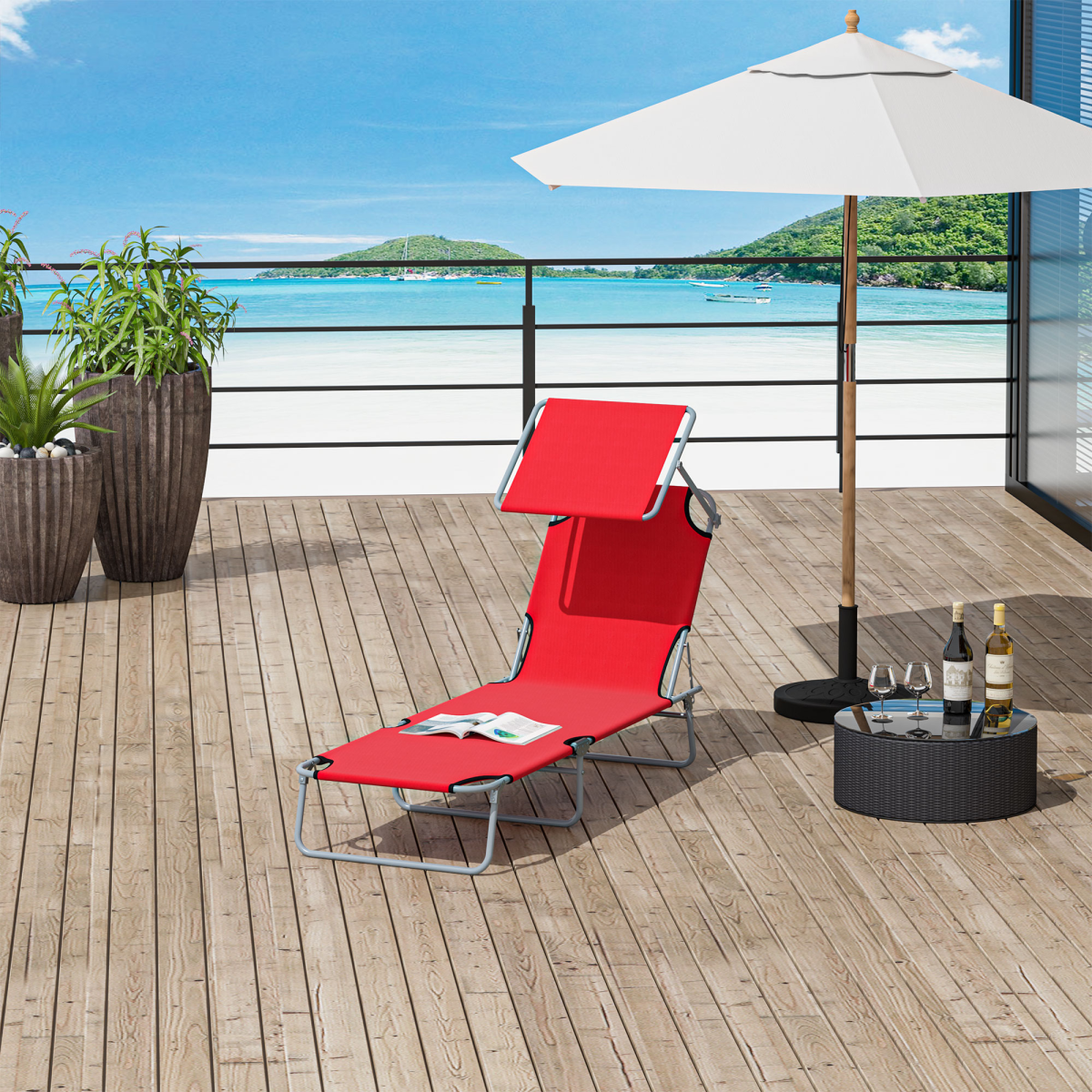 Outsunny Folding Sun Lounger with Sunshade and 4-Level Adjustable Back – Portable Recliner for Camping, Red